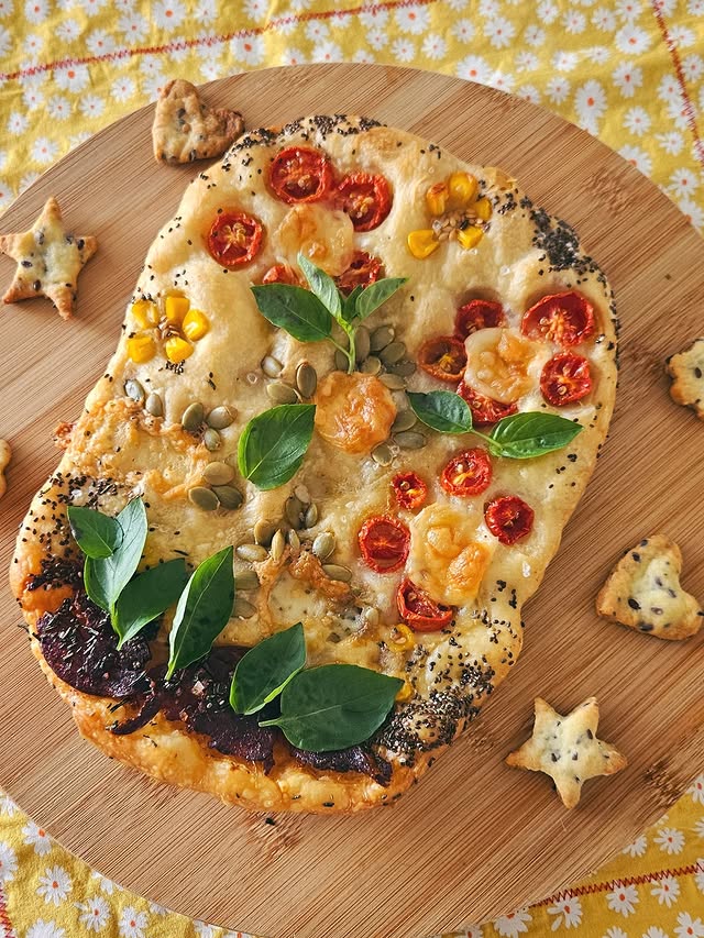 Focaccia colorida e saborosa da Padoca da Joy