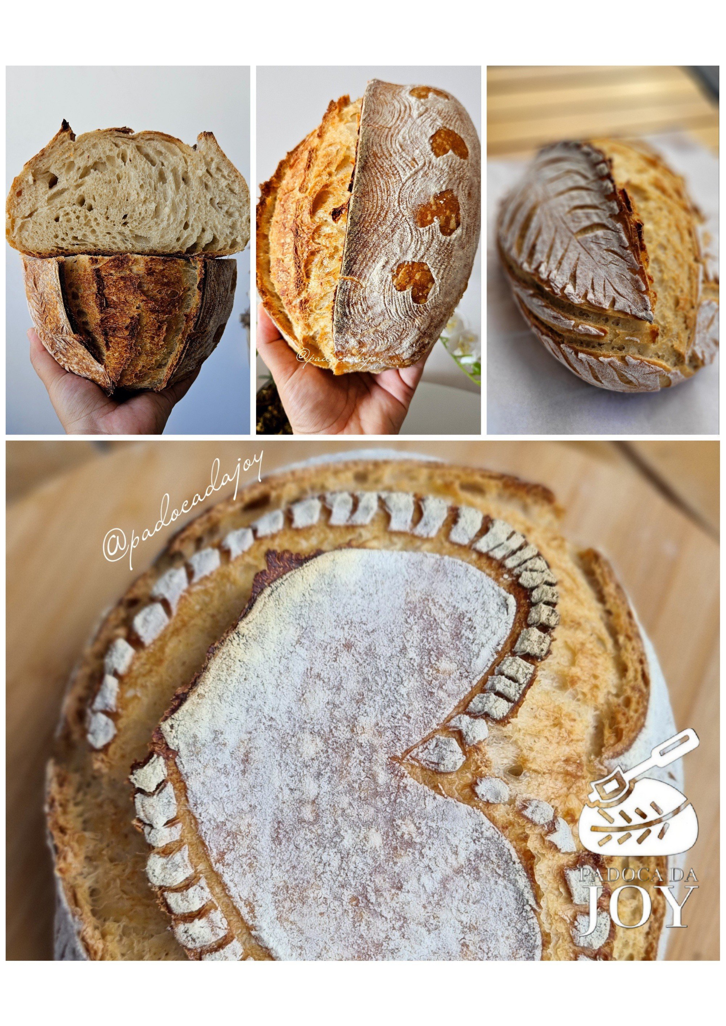 Joy, a artesã da padoca, mostrando um lindo sourdough recém assado com scoring artístico em forma de coração