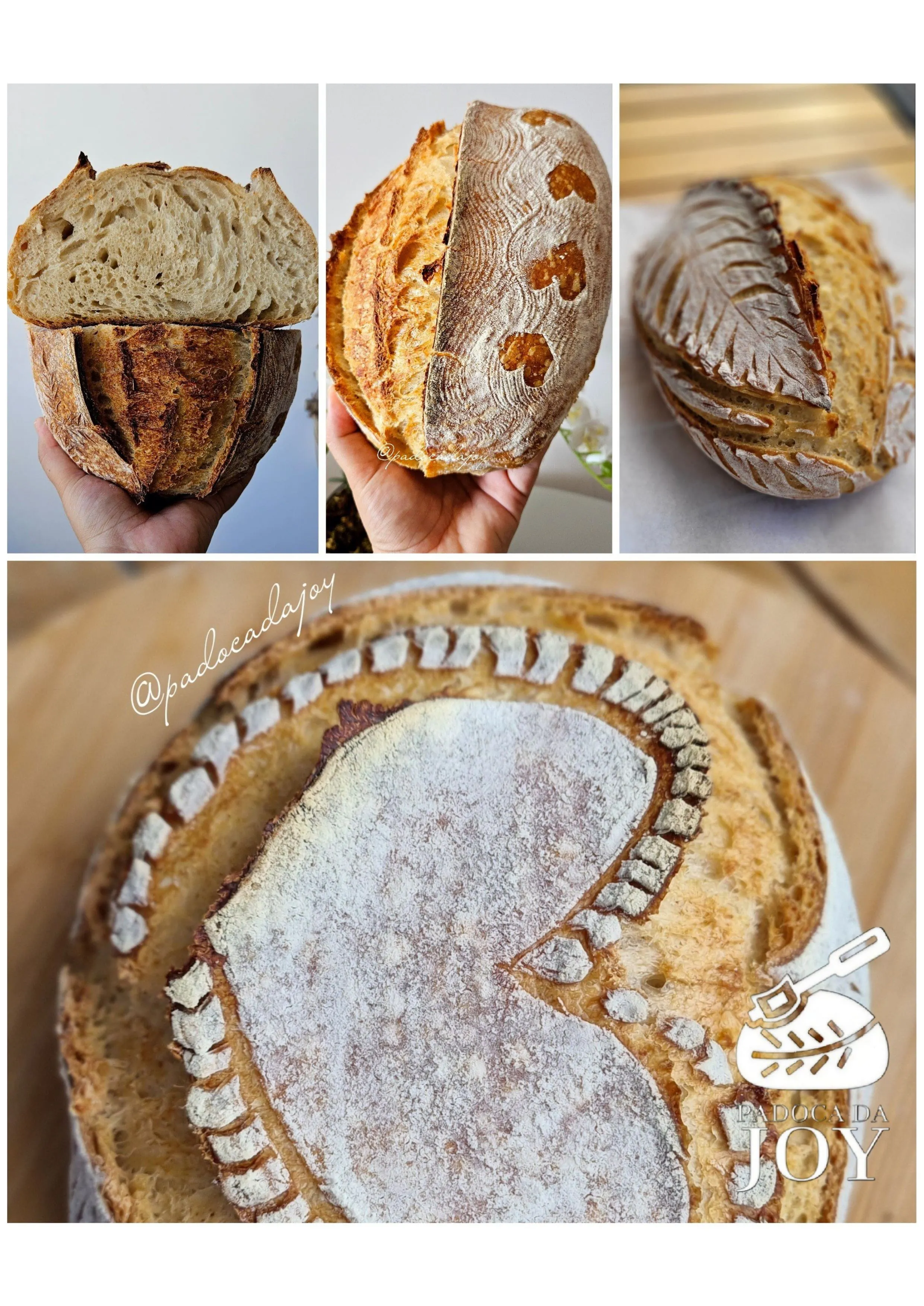 Joy, a artesã da padoca, mostrando um lindo sourdough recém assado com scoring artístico em forma de coração