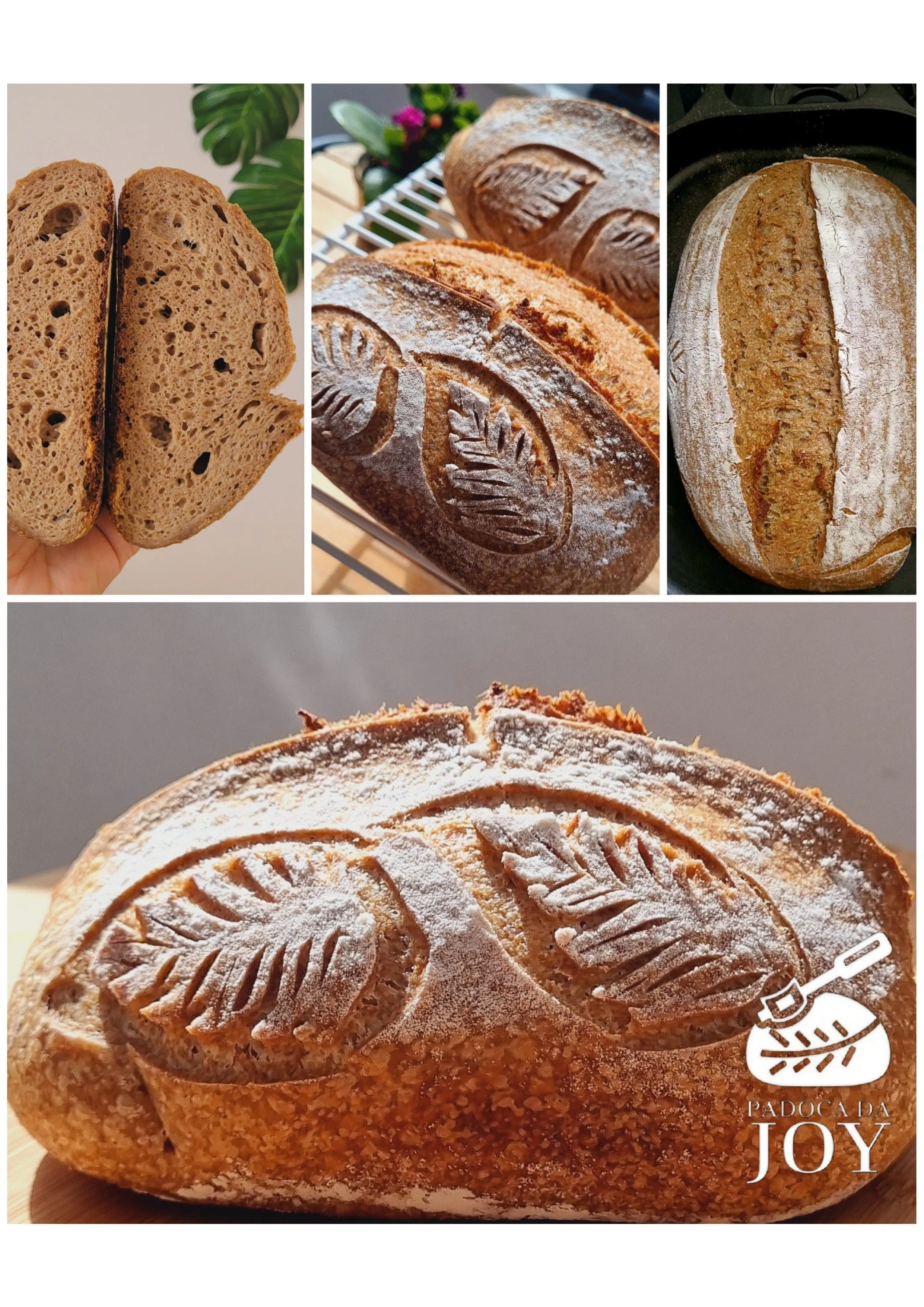 Sourdough 100% Integral da Padoca da Joy, com scoring artístico de folhas na casca e miolo denso e nutritivo